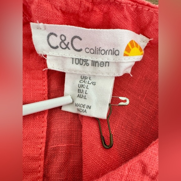 NWOT Women’s C&C California 100% Linen Coral Button Rear Fastening Boat Neck Top - Picture 4 of 5